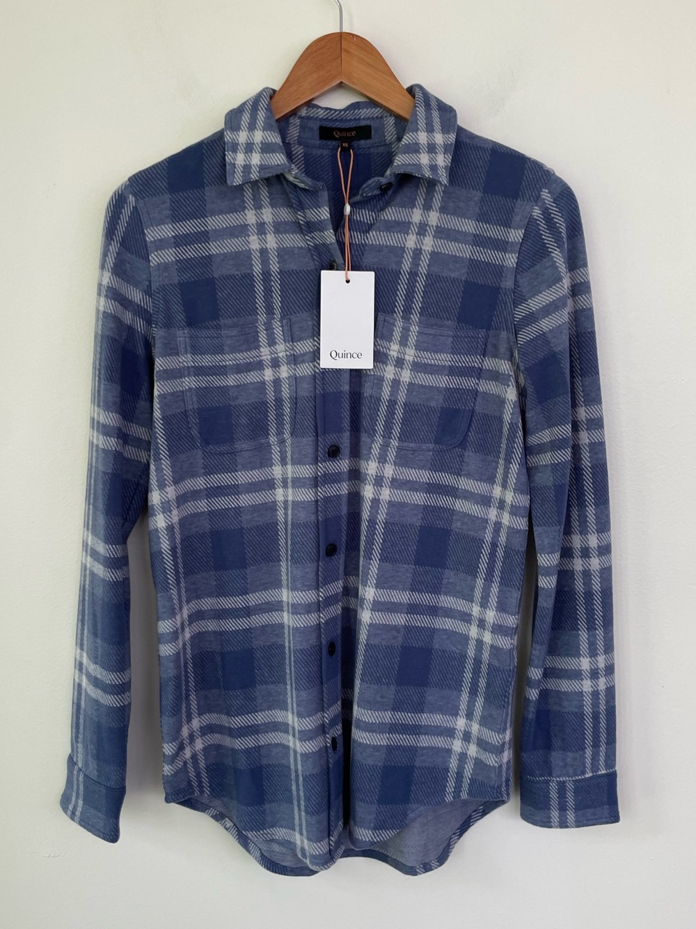 NWT Quince Stretch Sweater Fleece Shirt Indigo Check Plaid Blue XS Button Up - Picture 5 of 12